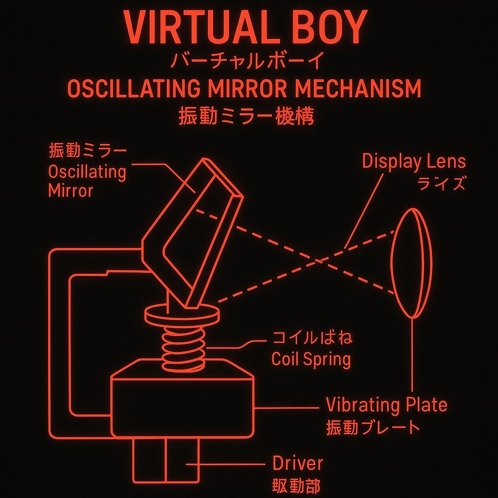 Sch&eacute;ma technique expliquant le fonctionnement des miroirs oscillants dans la Virtual Boy