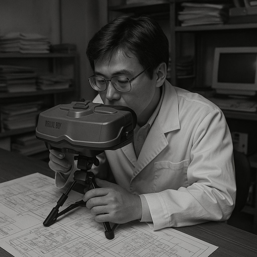Ing&eacute;nieur de Nintendo testant un prototype pr&eacute;coce de Virtual Boy dans un laboratoire des ann&eacute;es 90