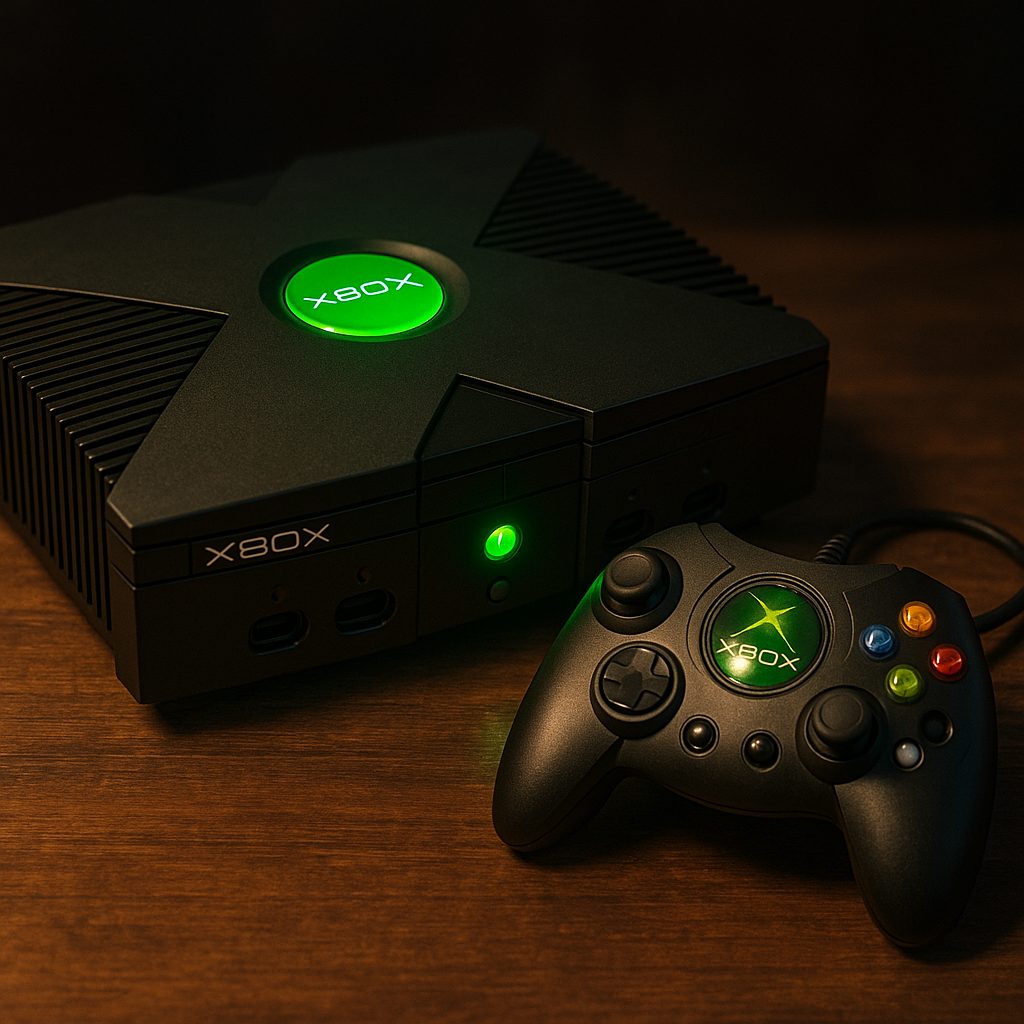 Xbox originale (2001) pos&eacute;e sur une table avec manette Duke, lumi&egrave;re verte caract&eacute;ristique