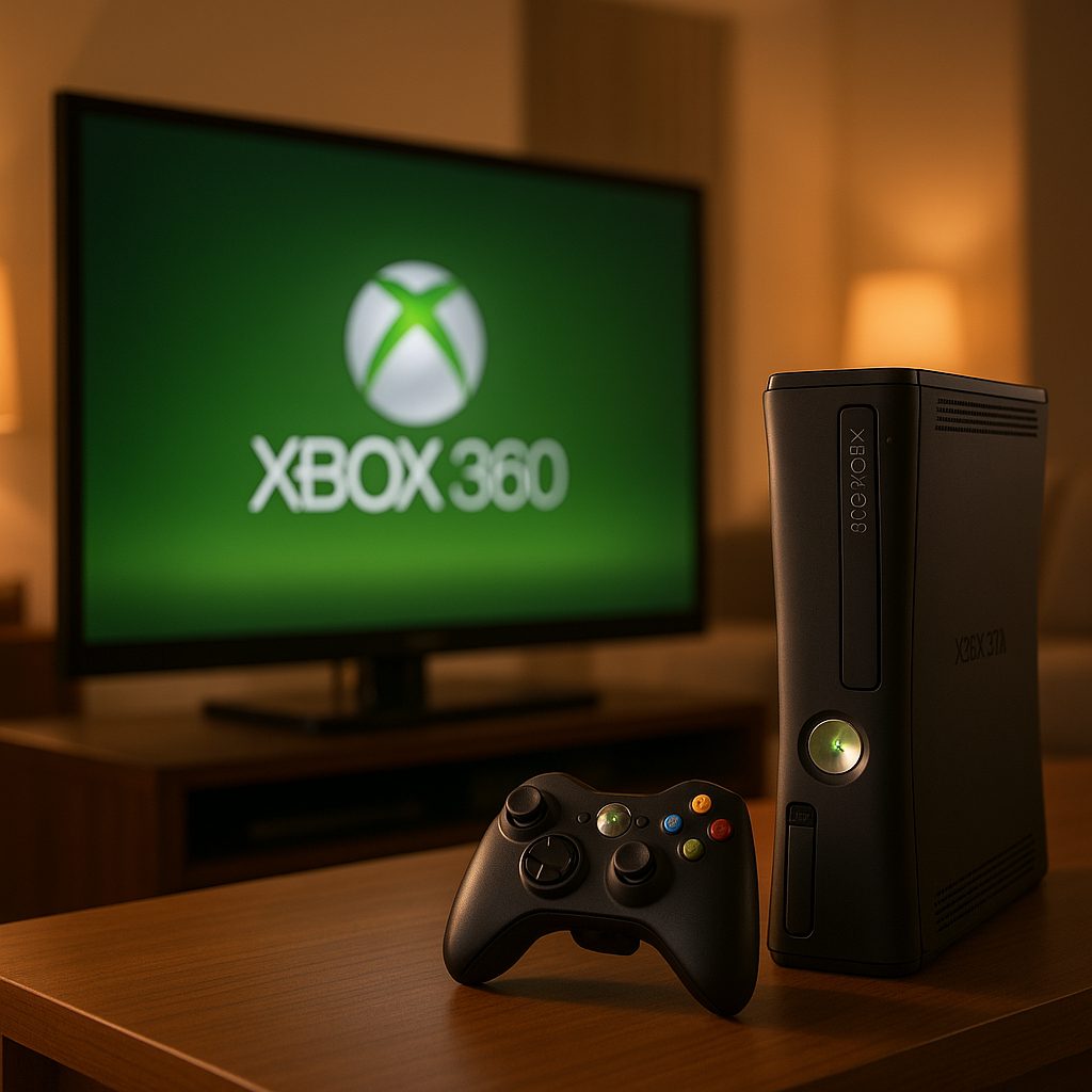 Xbox 360 console in front of an HD television in a modern living room