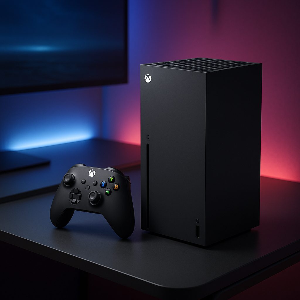 Xbox Series X et manette sur un bureau de gaming illustrant Quick Resume