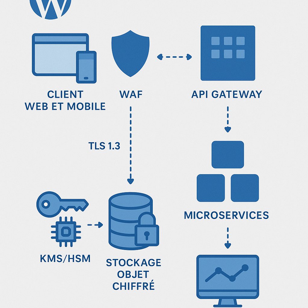 Conceptual diagram of MyArkevia architecture: web/mobile front, secured API, microservices, encrypted storage, KMS/HSM and logging.